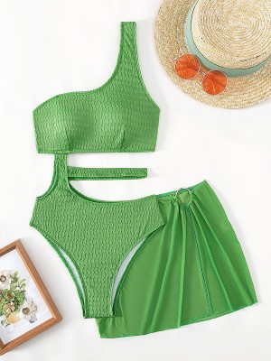 Women hollow sexy mesh one-piece swimsuit green bikini two-piece set