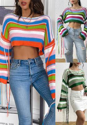 Women Rainbow Stripe Tassel Crop Loose Sweater