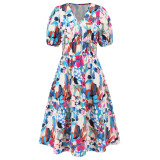 Summer Women's V-Neck Bohemian Print A-Line Dress