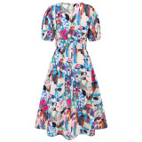 Summer Women's V-Neck Bohemian Print A-Line Dress