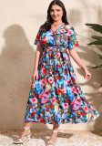 Colorful Printed Holidays Dress Plus Size V-Neck Short-Sleeved Chiffon Dress