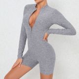 Zipper Low Back Long Sleeve Fitness Sports Jumpsuit Sexy Tight Fitting Yoga Wear