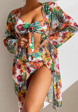 Swimwear Two Pieces Three-Piece Long Sleeve Bikini Printed Beach Swimsuit Women's Bikini Cover