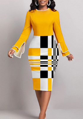 Women Spring Elegant Long Sleeve Bell Bottom Sleeve Colorblock Plaid Dress