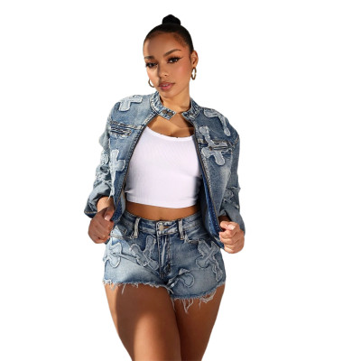 Women Denim Embroidered Cross Stretch Top and Shorts Two-piece Set