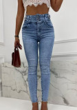 Women Pearl Button High Waist Denim Pants