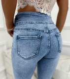 Women Pearl Button High Waist Denim Pants