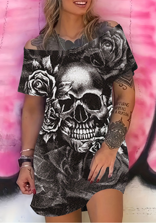 Women Sexy Slash Shoulder Skull Print Short Sleeve Dress