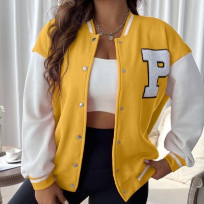 Plus Size Women Casual Colorblock Baseball Jacket