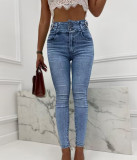 Women Pearl Button High Waist Denim Pants