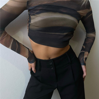 Summer Women Printed Mesh Sexy Backless Crop T-Shirt