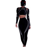 Spring Women's See-Through Mesh Patchwork Printed Slim Long Sleeve Casual two piece pants set