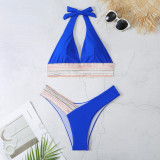 Solid Color Bikini Deep V Low Back Sexy Slim Two Pieces Swimsuit