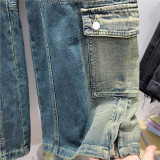 spring Trendy High Waist Style Pocket Cargo Denim Straight Pants Women's Loose Slim Fit Wide Leg trousers