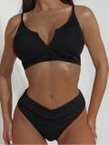 Two Pieces bikini set solid color v-neck swimsuit