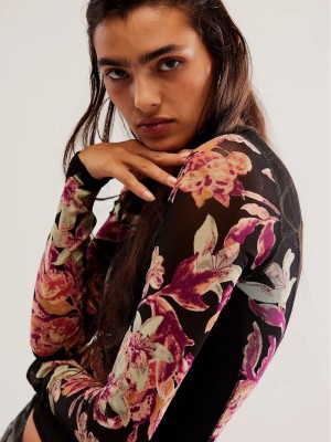 spring and summer Floral printed long-sleeved mesh Top
