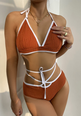 Solid color Lace-Up bikini swimsuit