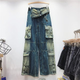 spring Trendy High Waist Style Pocket Cargo Denim Straight Pants Women's Loose Slim Fit Wide Leg trousers