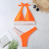 Solid Color Bikini Deep V Low Back Sexy Slim Two Pieces Swimsuit