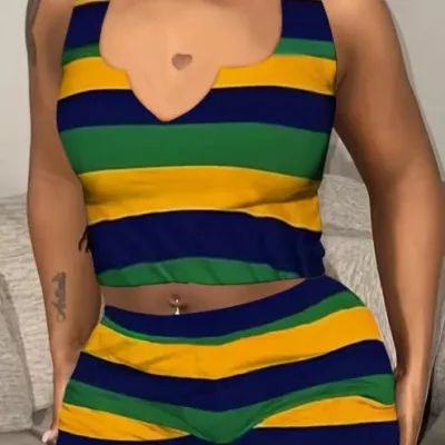 Stylish Casual Trendy Print Vest Shorts Two Piece Set