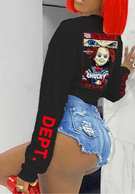 Autumn Spirng Women's Cartoon Print Round Neck Long Sleeve T-Shirt