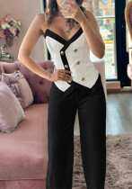 Women's Contrast Color Block Metal Strap Camisole Casual Straight Pants Two Piece Set