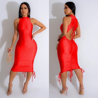 Women's Fashion Solid Color Sexy Sleeveless Low Back Pleated Drawstring Bodycon Dress