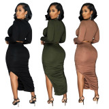 Fashion Women's Solid Color Pleated Round Neck Long Sleeve Top Long Skirt Two Piece Set