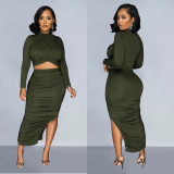Fashion Women's Solid Color Pleated Round Neck Long Sleeve Top Long Skirt Two Piece Set