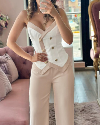 Women's Contrast Color Block Metal Strap Camisole Casual Straight Pants Two Piece Set