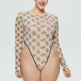 Women's Sexy Printed Mesh Long Sleeve Plus Size Bodysuit