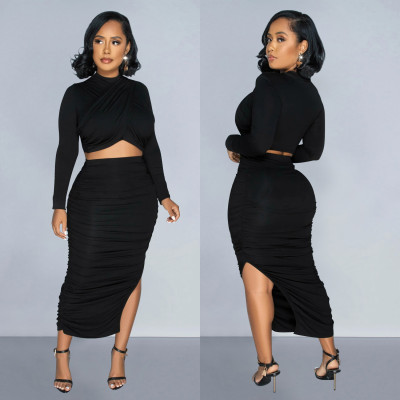 Fashion Women's Solid Color Pleated Round Neck Long Sleeve Top Long Skirt Two Piece Set