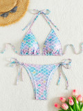 Sexy Bikini Mermaid Print Two Pieces Swimsuit Women's Halter Neck Beach Wear