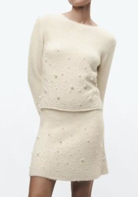 Women Faux Pearl Knitting Top+Skirt Two Piece Set