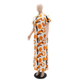 Women Stand Collar Printed Chic Button Slit Maxi Dress