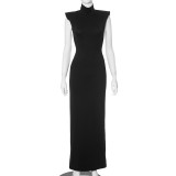 Women Spring Solid Stand Collar Sleeveless Hollow Casual Maxi Dress