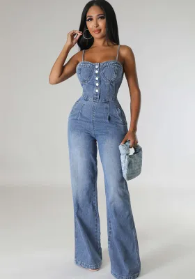 Women Suspender Washed Stretch Denim Jumpsuit