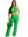 Women Cross Hollow Solid Bubble Waffle Top and Pant Two-piece Set