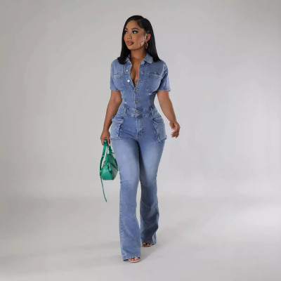 Women Washed Short Sleeve Denim Jumpsuit