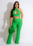 Women Cross Hollow Solid Bubble Waffle Top and Pant Two-piece Set