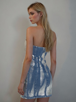 Women Summer Solid Sleeveless Strapless Off Shoulder Denim Shiny Dress