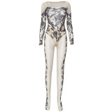 Women spring u-neck long-sleeved Bodysuits and high-waisted tights mesh printed two-piece set