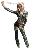 Women mesh print Turndown Collar gathered button top and Pant two-piece set