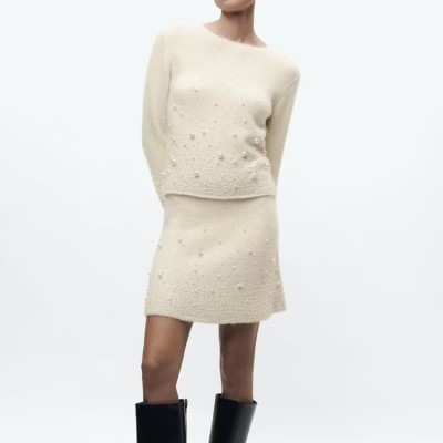 Women Faux Pearl Knitting Top+Skirt Two Piece Set