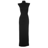 Women Spring Solid Stand Collar Sleeveless Hollow Casual Maxi Dress