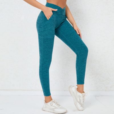 Women Pocket Quick Drying Yoga Pants Pleated High Waist Running Pants