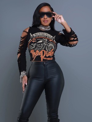 Women spring and summer street hip-hop style long-sleeved stretch T-shirt