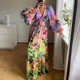 Women summer printed gradient ruffled v-neck sexy Maxi dress
