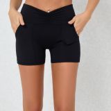 Women Yoga Shorts Pleated Pocket High Waist Gym Shorts