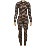 Women's Spring Summer Style Street Sexy See-Through Round Neck Long Sleeve Lace Tight Fitting Jumpsuit